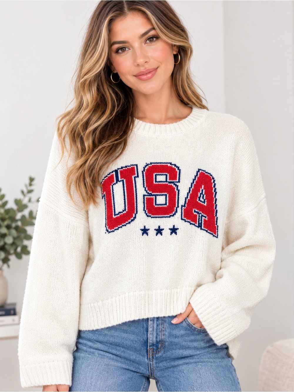 Grayson Threads Cream Crewneck Sweater with Red & Navy USA Graphic 3X